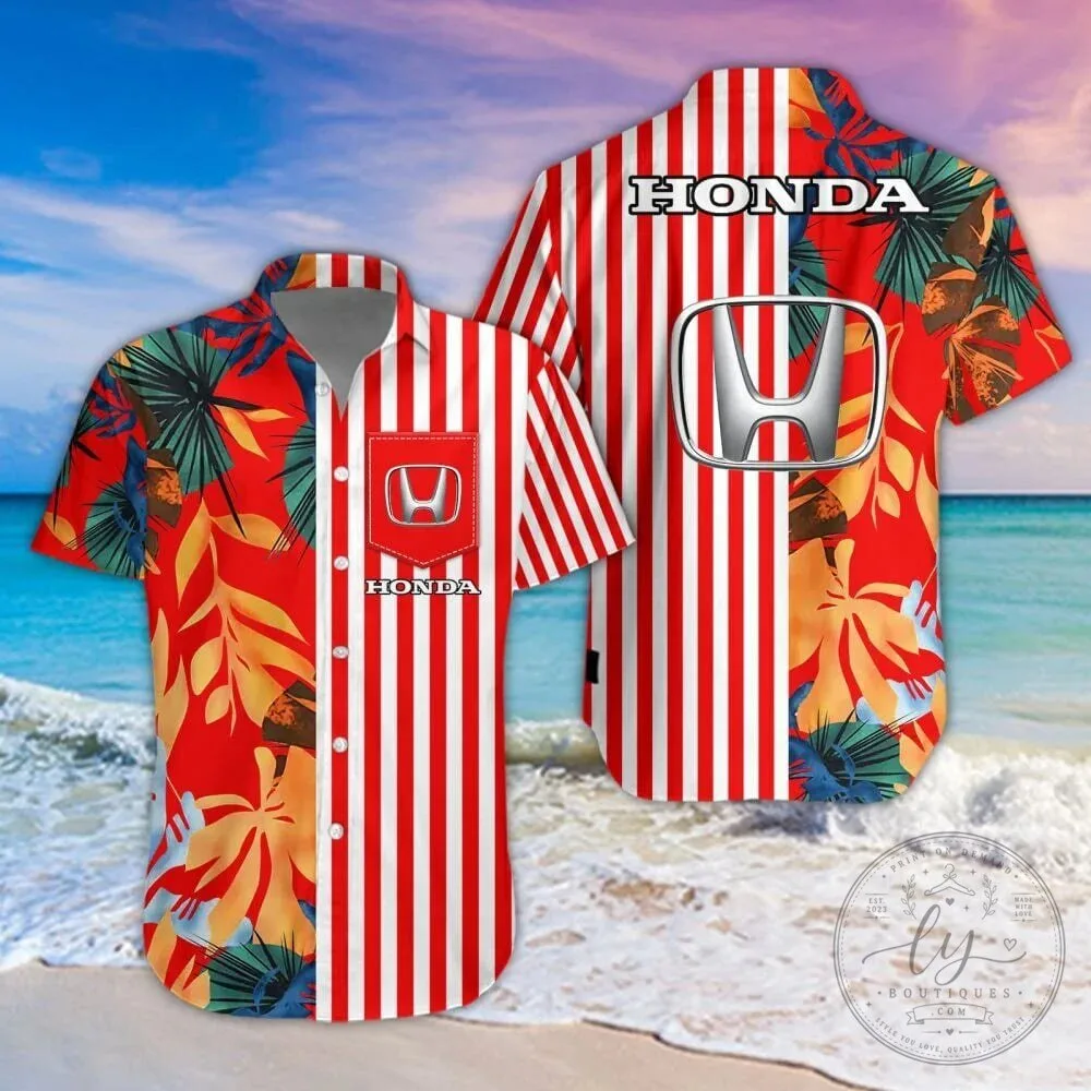 Honda Red White Stripes Tropical Leaves Hawaiian Shirt