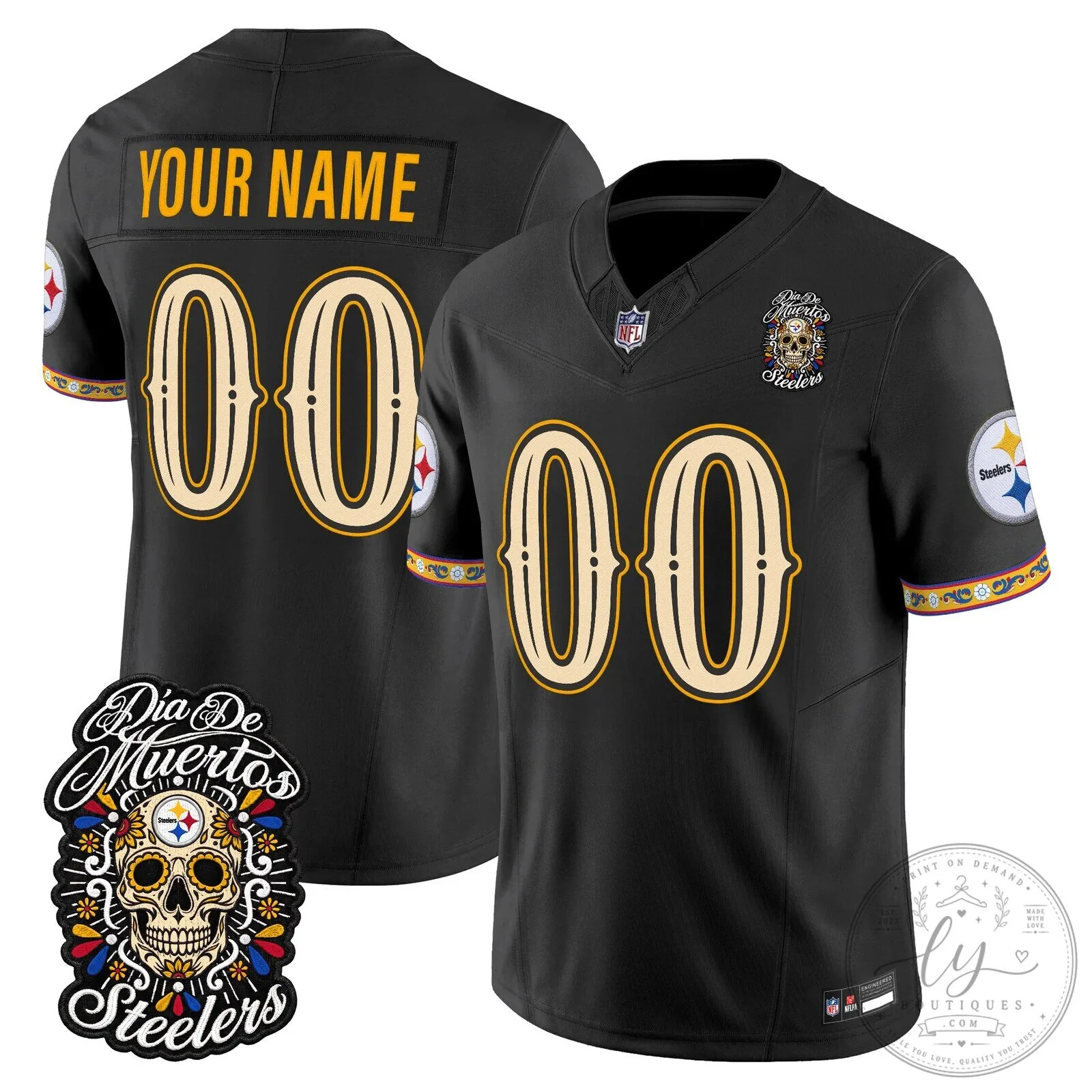 Pittsburgh Steelers Dia de los Muertos Custom Black Football Jersey