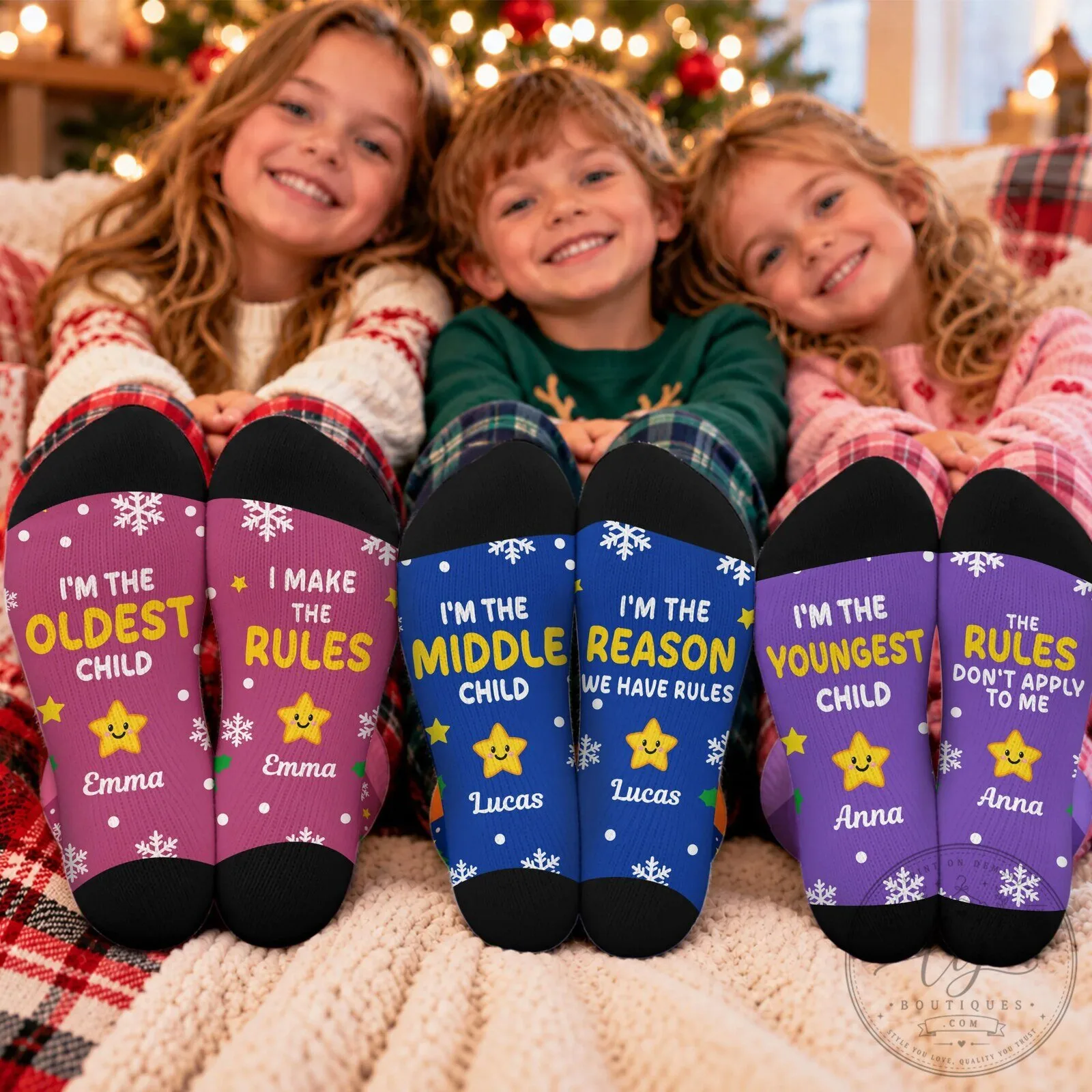 Personalized Oldest Middle Youngest Child Custom Name Christmas Socks
