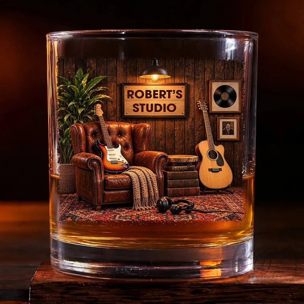 Personalized Robert's Studio Guitar Music Room Whiskey Glass Gift