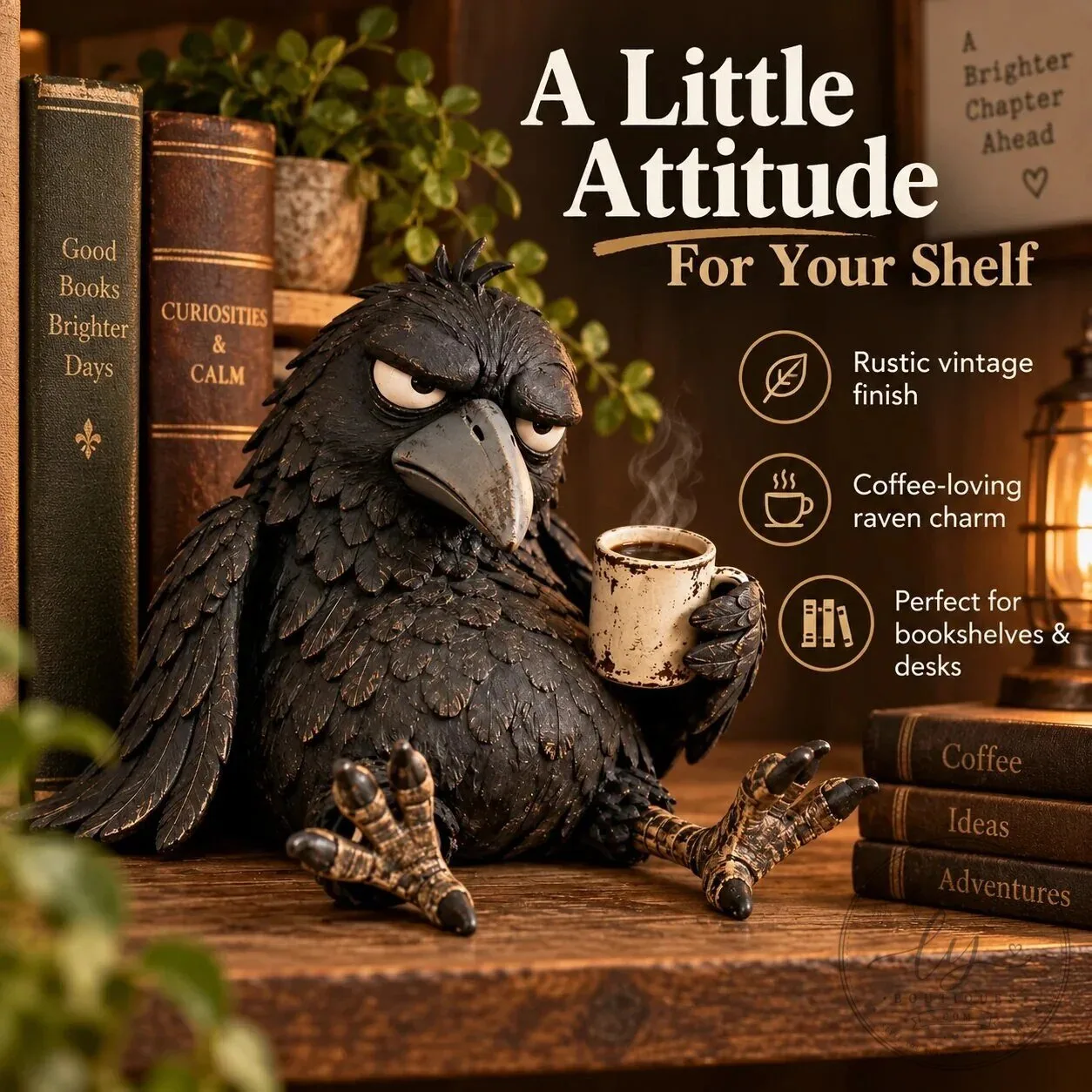 Grumpy Raven Figurine with Coffee Mug Rustic Vintage Farmhouse Tabletop Decor