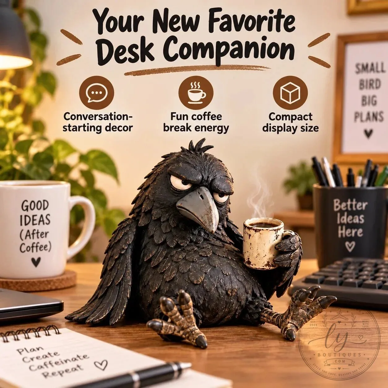 Grumpy Raven Figurine with Coffee Mug Rustic Vintage Farmhouse Tabletop Decor 14 Grumpy Raven Figurine with Coffee Mug Rustic Vintage Farmhouse Tabletop Decor