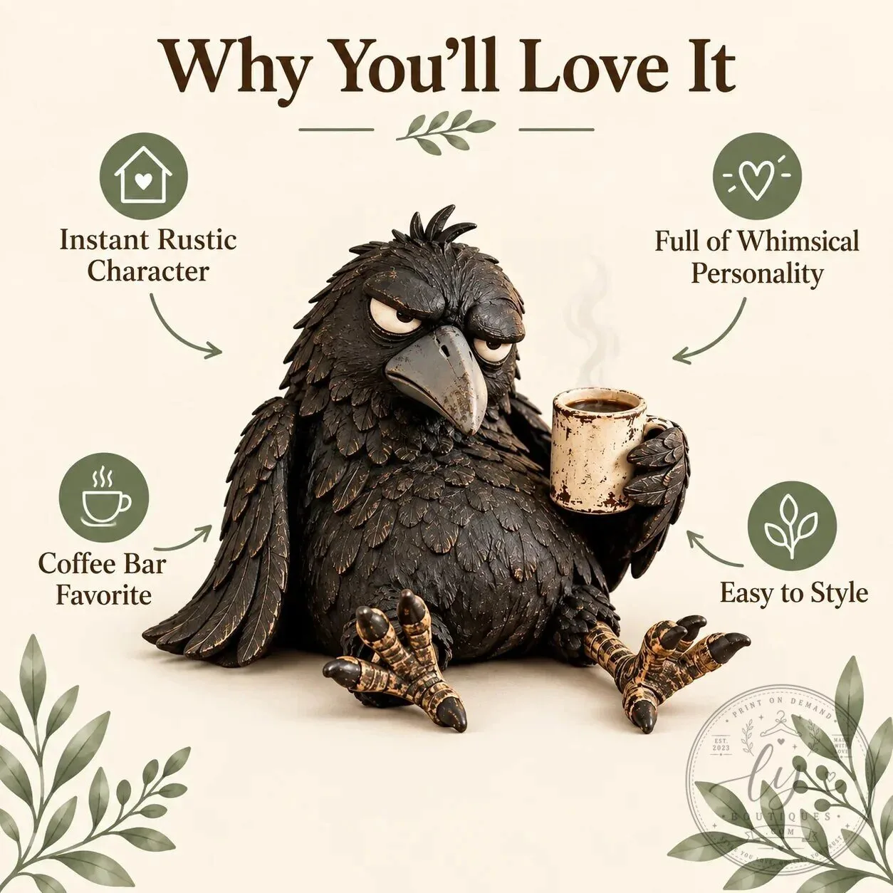Grumpy Raven Figurine with Coffee Mug Rustic Vintage Farmhouse Tabletop Decor 16 Grumpy Raven Figurine with Coffee Mug Rustic Vintage Farmhouse Tabletop Decor