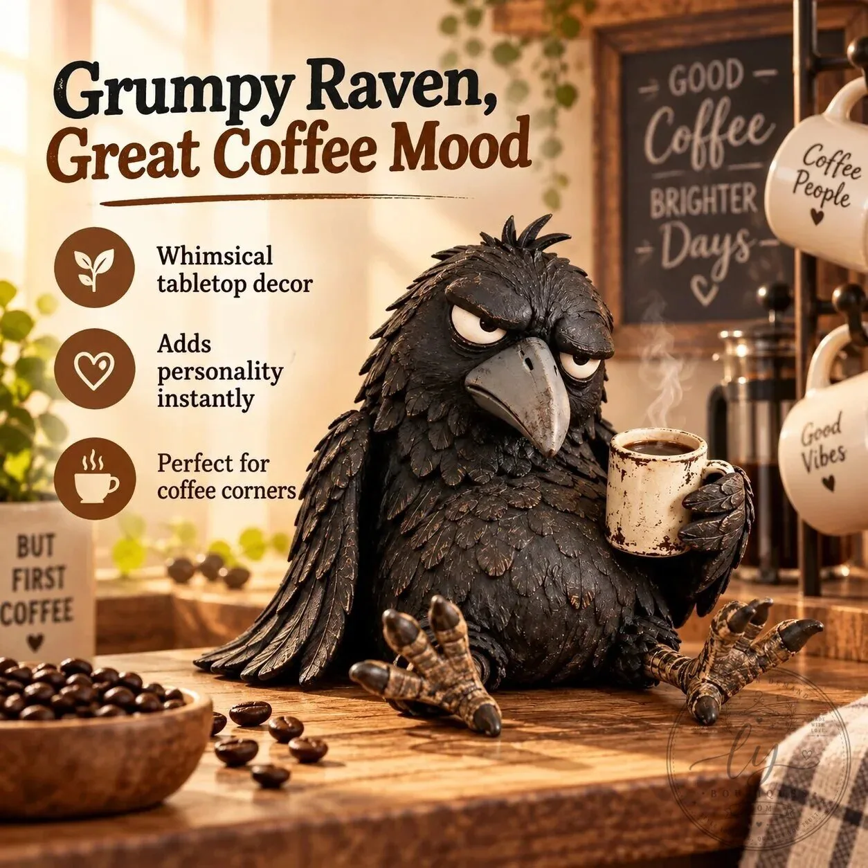 Grumpy Raven Figurine with Coffee Mug Rustic Vintage Farmhouse Tabletop Decor 17 Grumpy Raven Figurine with Coffee Mug Rustic Vintage Farmhouse Tabletop Decor