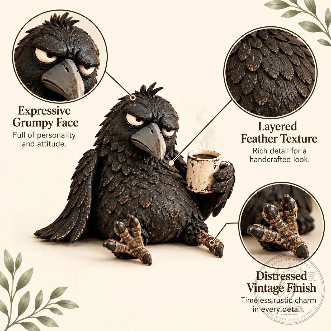 Grumpy Raven Figurine with Coffee Mug Rustic Vintage Farmhouse Tabletop Decor 18 Grumpy Raven Figurine with Coffee Mug Rustic Vintage Farmhouse Tabletop Decor