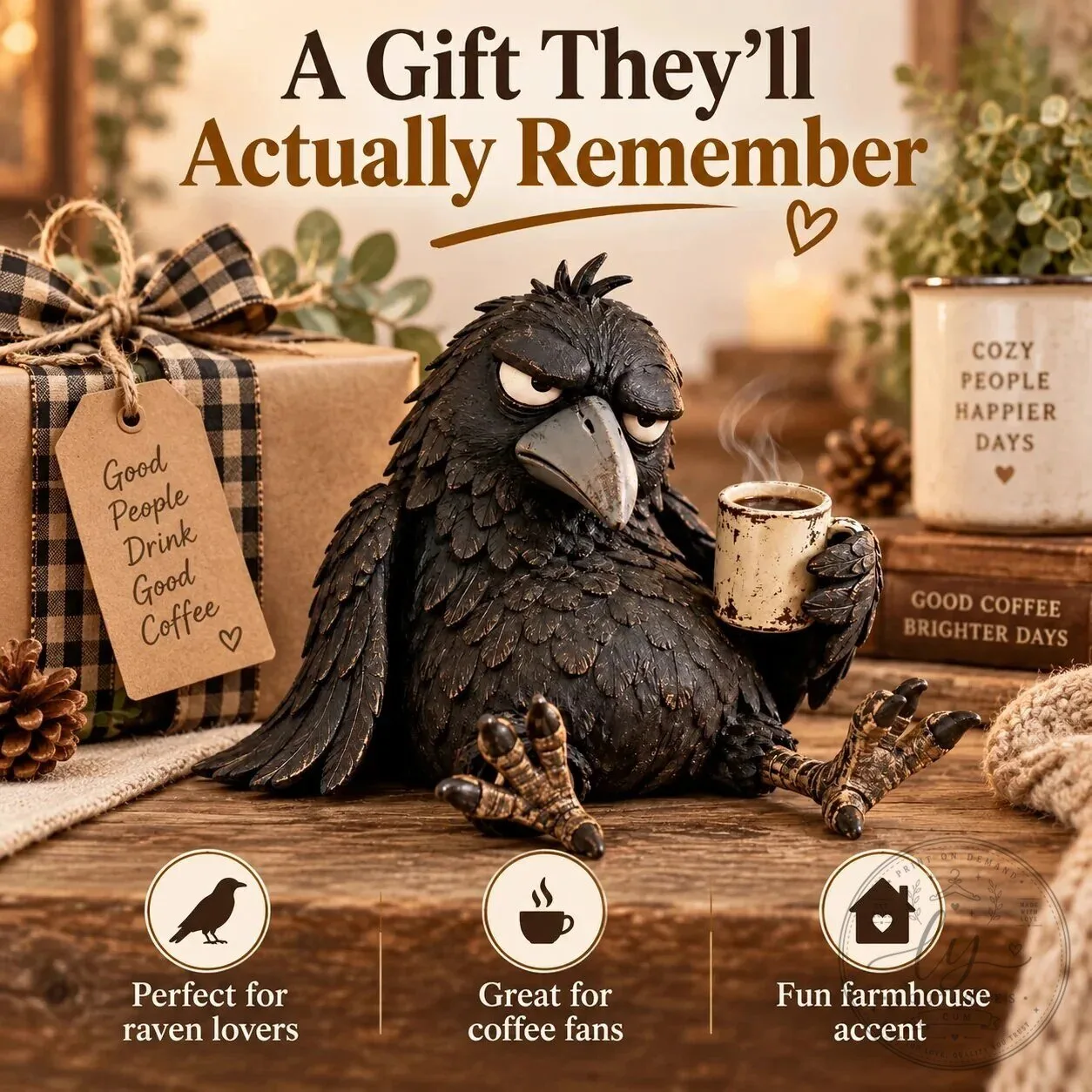 Grumpy Raven Figurine with Coffee Mug Rustic Vintage Farmhouse Tabletop Decor 19 Grumpy Raven Figurine with Coffee Mug Rustic Vintage Farmhouse Tabletop Decor