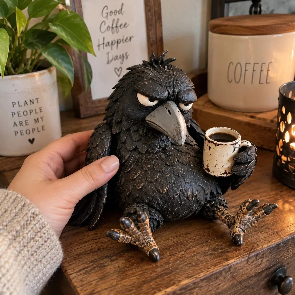 Grumpy Raven Figurine with Coffee Mug Rustic Vintage Farmhouse Tabletop Decor 20 Grumpy Raven Figurine with Coffee Mug Rustic Vintage Farmhouse Tabletop Decor