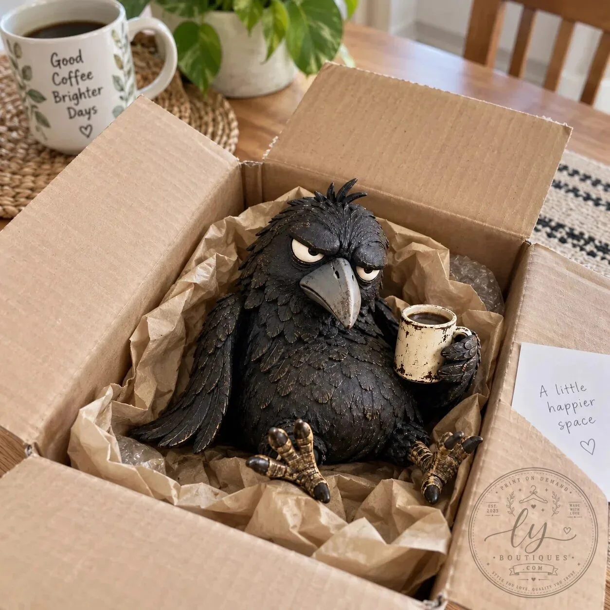 Grumpy Raven Figurine with Coffee Mug Rustic Vintage Farmhouse Tabletop Decor 21 Grumpy Raven Figurine with Coffee Mug Rustic Vintage Farmhouse Tabletop Decor
