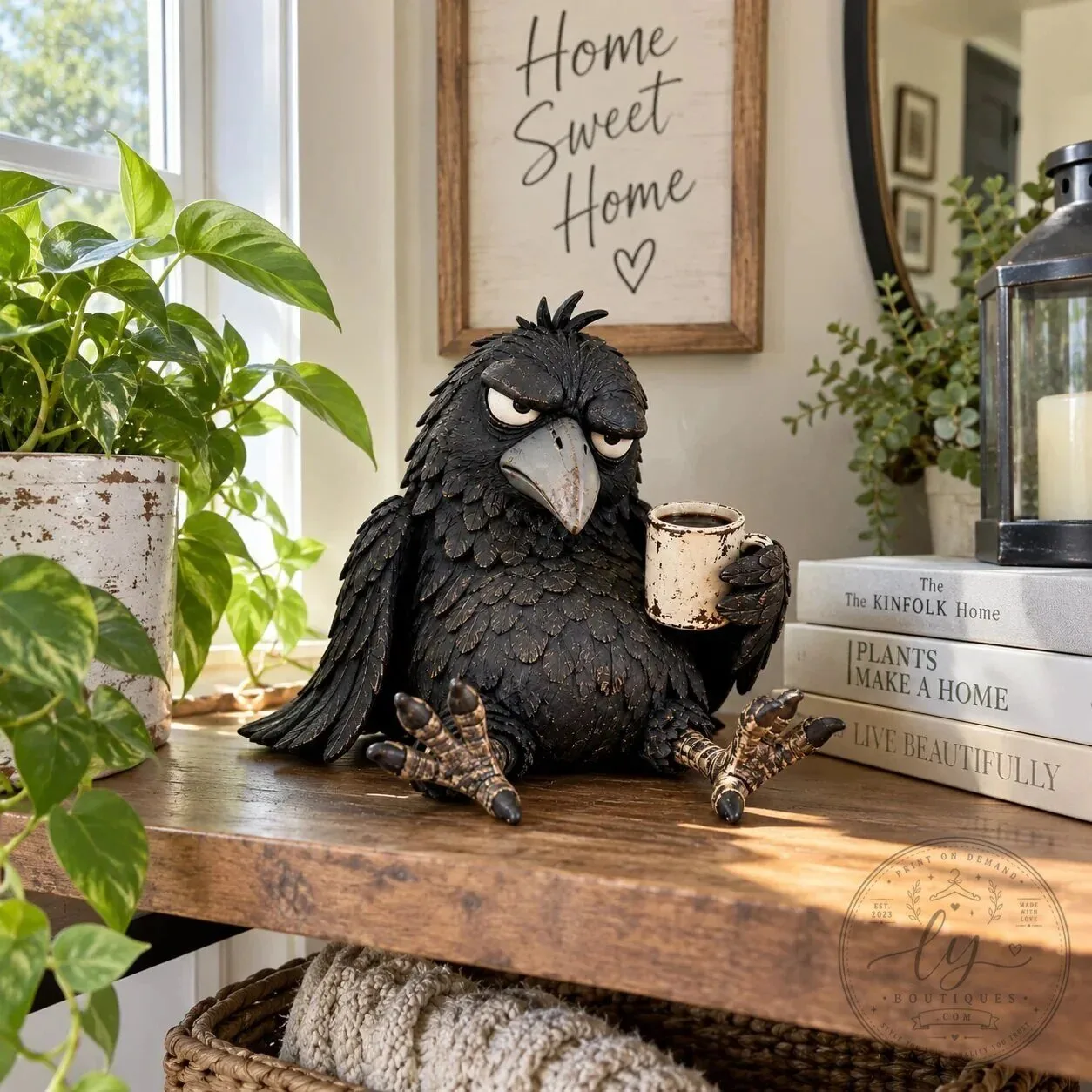 Grumpy Raven Figurine with Coffee Mug Rustic Vintage Farmhouse Tabletop Decor 22 Grumpy Raven Figurine with Coffee Mug Rustic Vintage Farmhouse Tabletop Decor