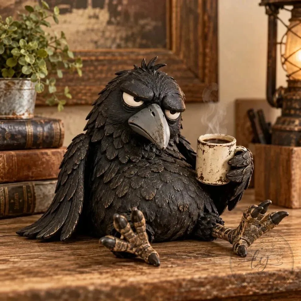 Grumpy Raven Figurine with Coffee Mug Rustic Vintage Farmhouse Tabletop Decor 23 Grumpy Raven Figurine with Coffee Mug Rustic Vintage Farmhouse Tabletop Decor