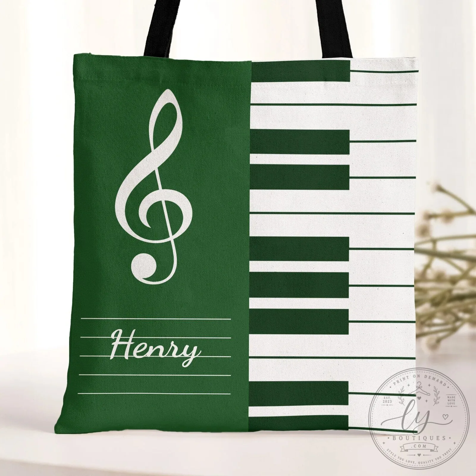 Personalized Treble Clef and Piano Keys Green Tote Bag for Musicians