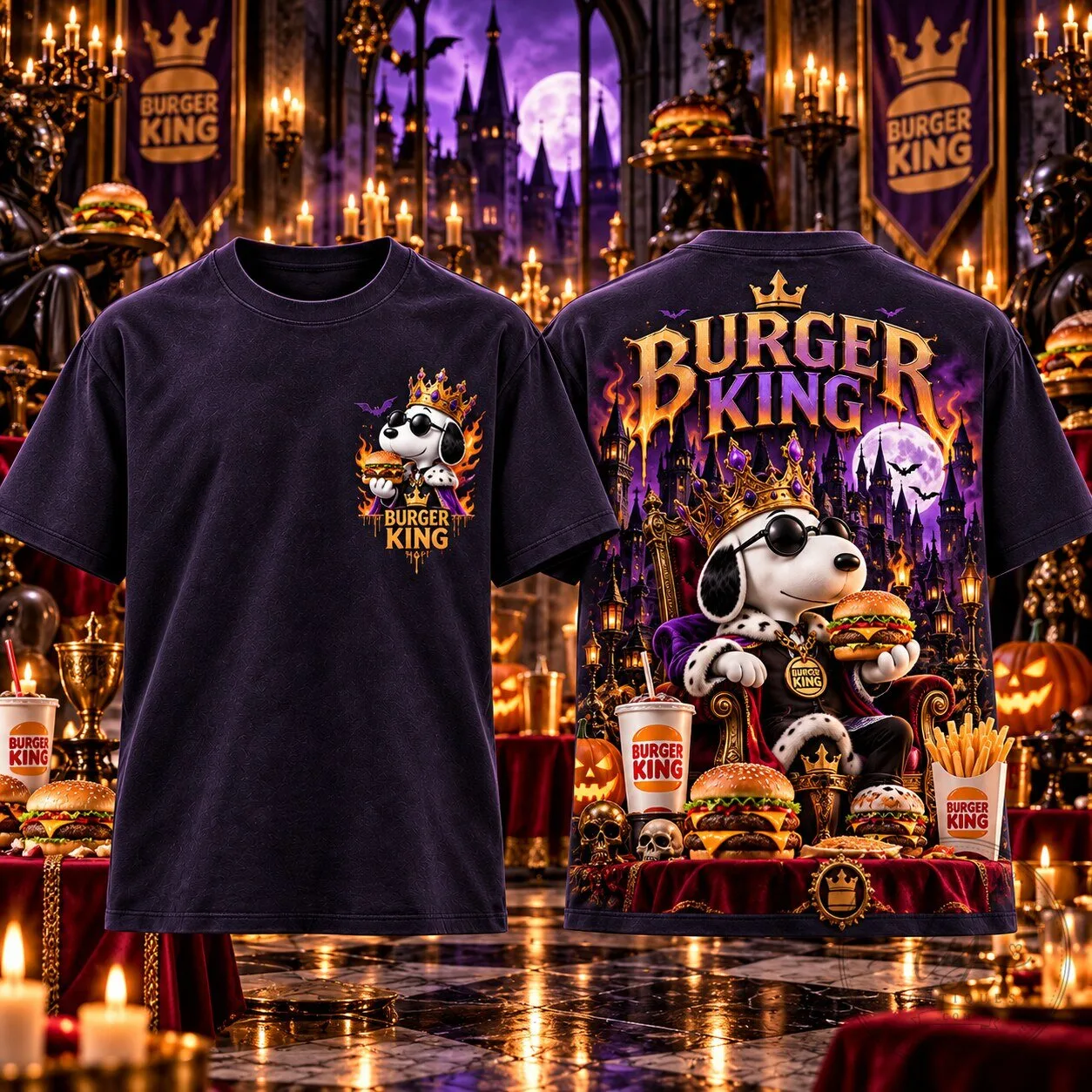 Burger King Snoopy Halloween Pumpkin Shirt, Gothic Castle Burger Fries Drink T-Shirt