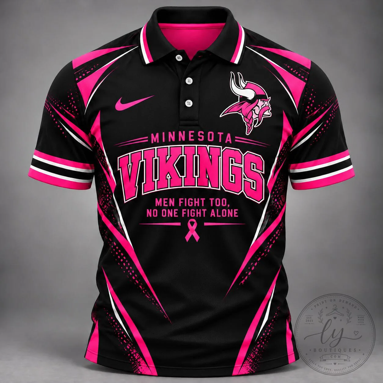 Minnesota Vikings Men Fight Too No One Fights Alone Breast Cancer Awareness Polo Shirt