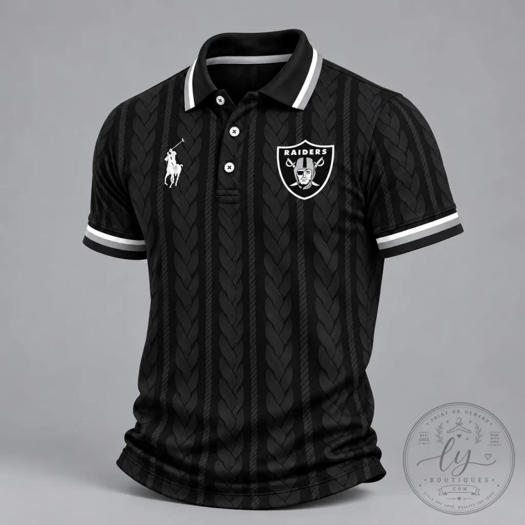Las Vegas Raiders NFL Football Team Black Cable Knit Design Polo Shirt Las Vegas Raiders NFL Football Team Black Cable Knit Design Polo Shirt