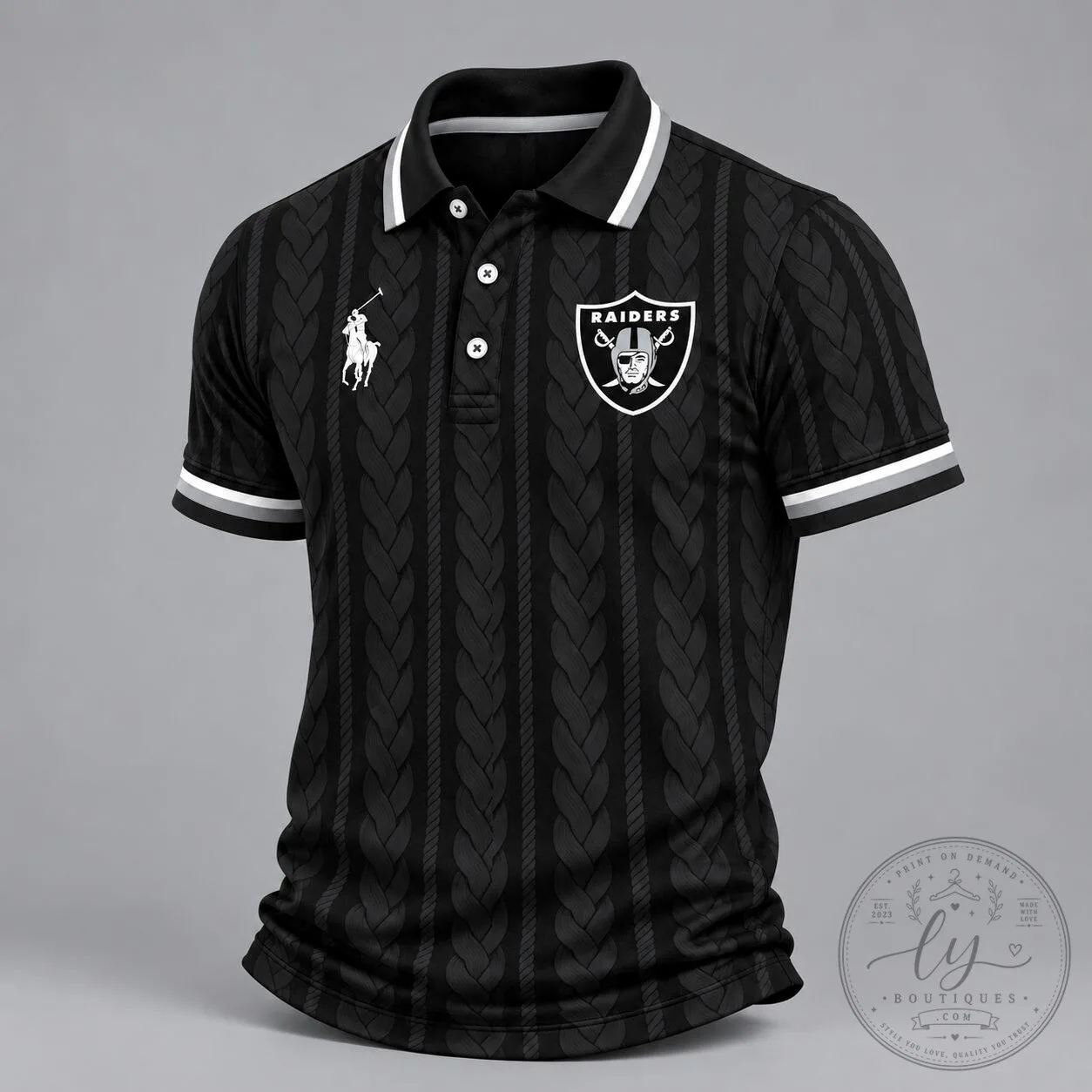 Las Vegas Raiders NFL Football Team Black Cable Knit Design Polo Shirt