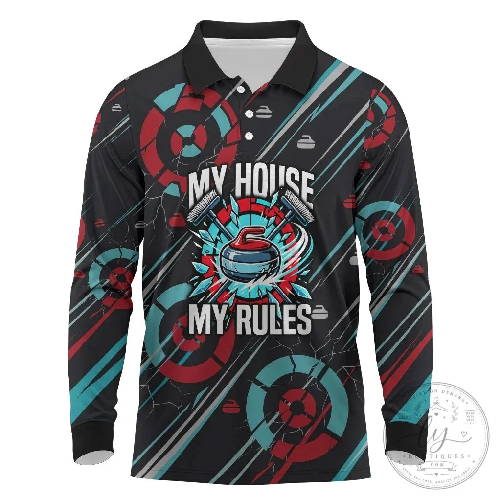 Curling My House My Rules Long Sleeve Polo Shirt