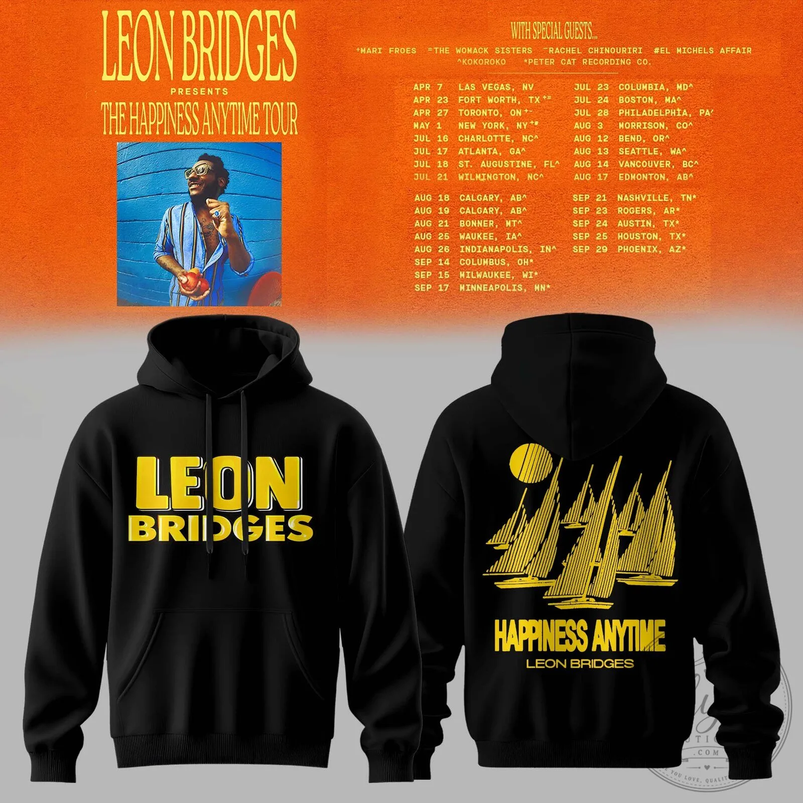 2027 Concert Dates Black Hoodie for Leon Bridges' The Happiness Anytime Tour