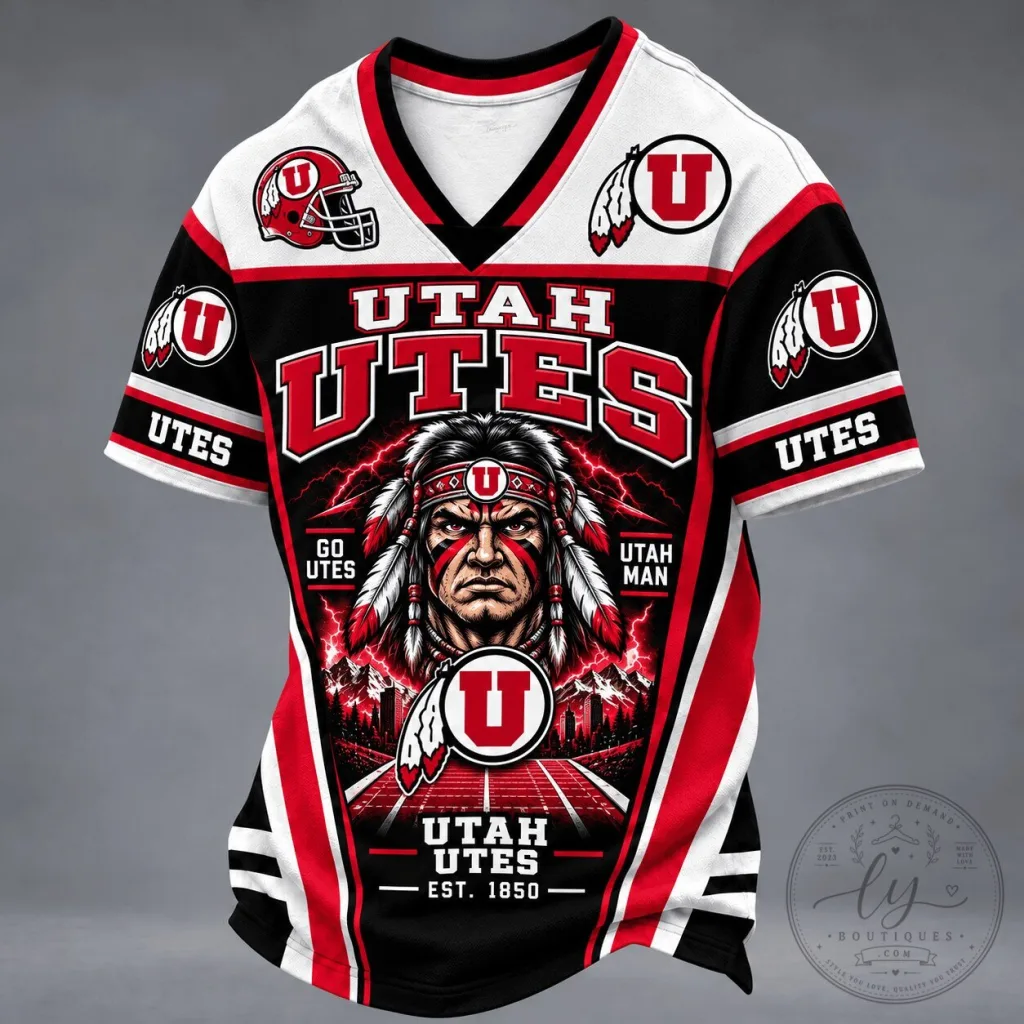 Utah Utes Football Team Mascot V-Neck Short Sleeve Spirit Jersey Utah Utes Football Team Mascot V-Neck Short Sleeve Spirit Jersey
