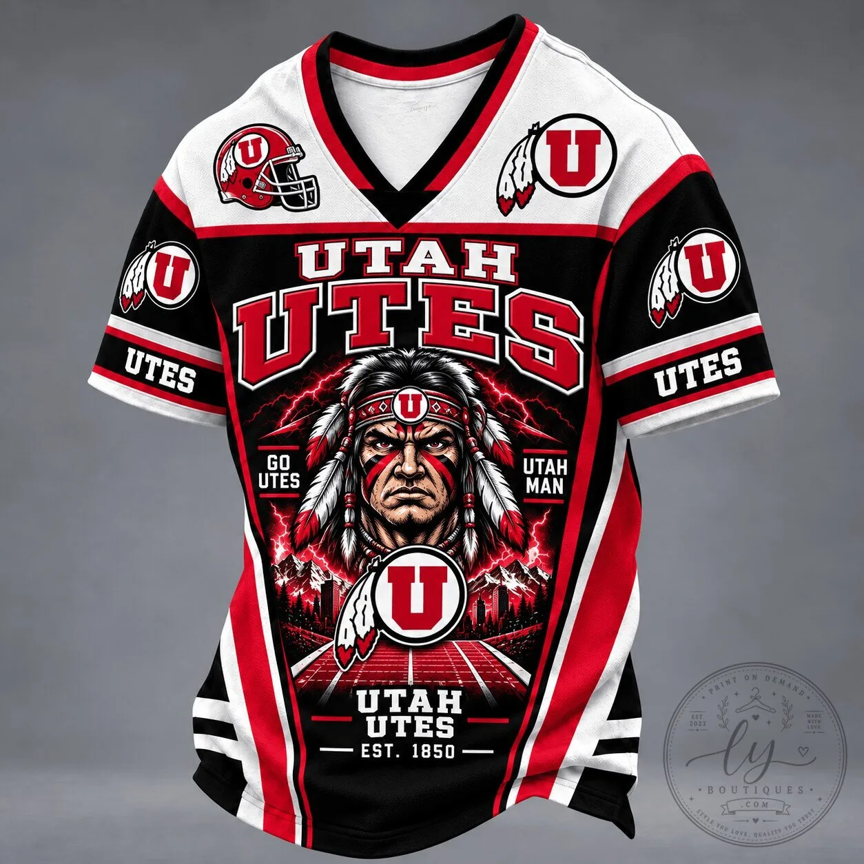 Utah Utes Football Team Mascot V-Neck Short Sleeve Spirit Jersey 2 Utah Utes Football Team Mascot V-Neck Short Sleeve Spirit Jersey