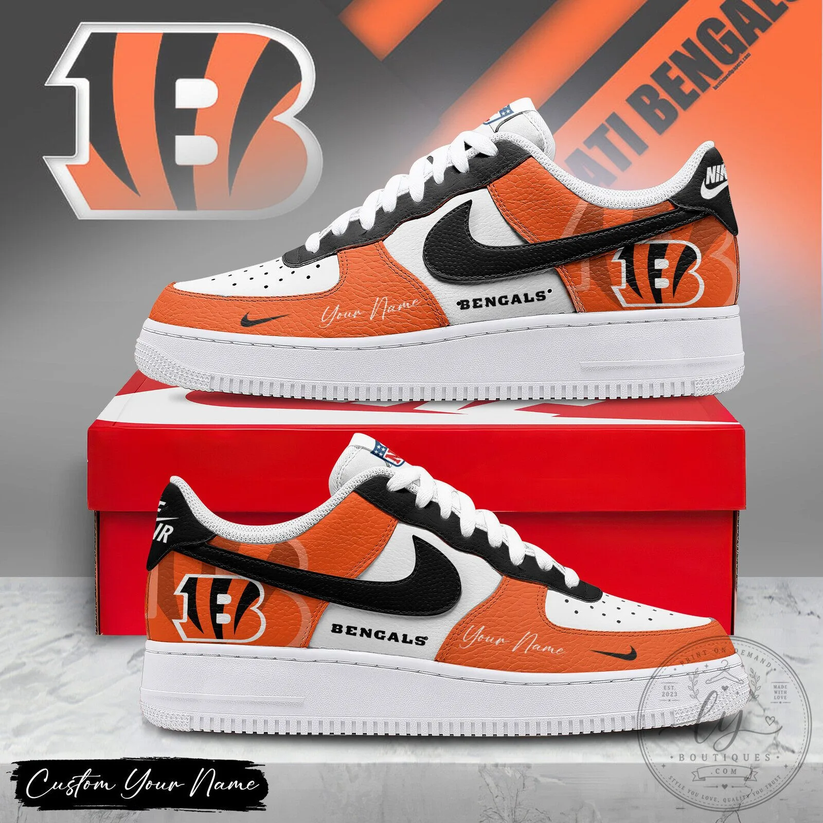 Cincinnati Bengals Custom Name Orange White Black Sneakers