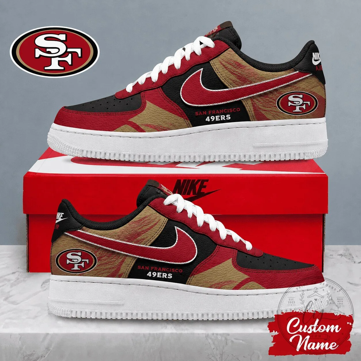 San Francisco 49ers NFL Team Logo Red and Gold Custom Name Sneakers Shoes