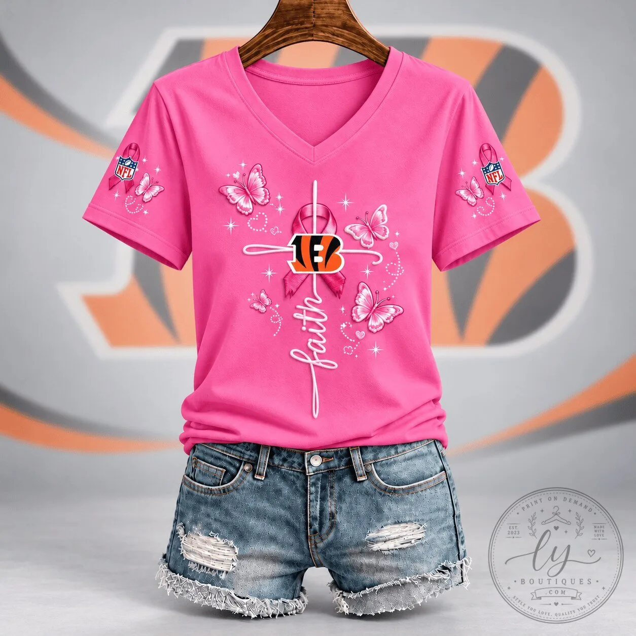 Cincinnati Bengals Faith Hope Love Breast Cancer Awareness Pink V-Neck T-Shirt