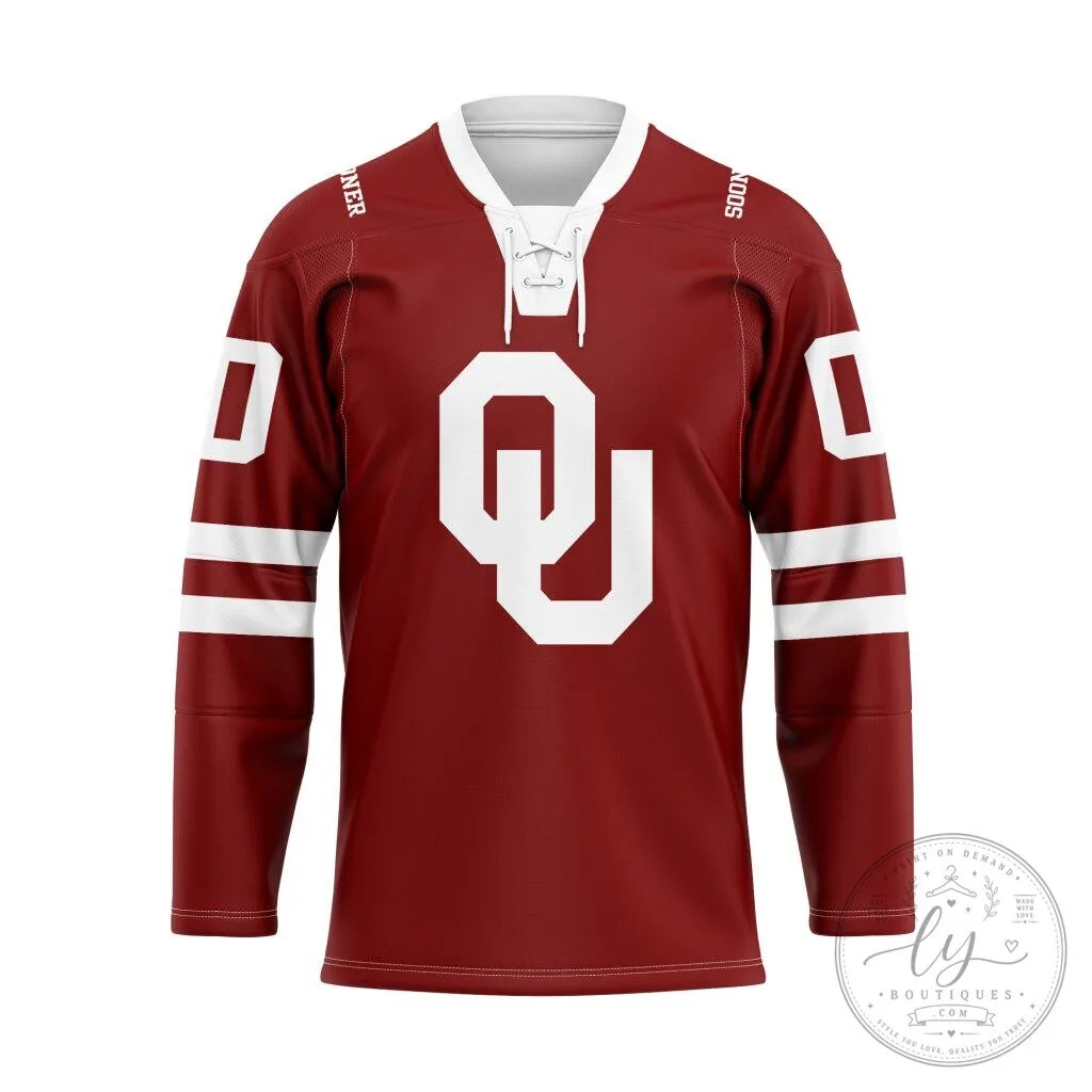 Oklahoma Sooners Personalized Red Lace Hockey Jersey 2 Oklahoma Sooners Personalized Red Lace Hockey Jersey