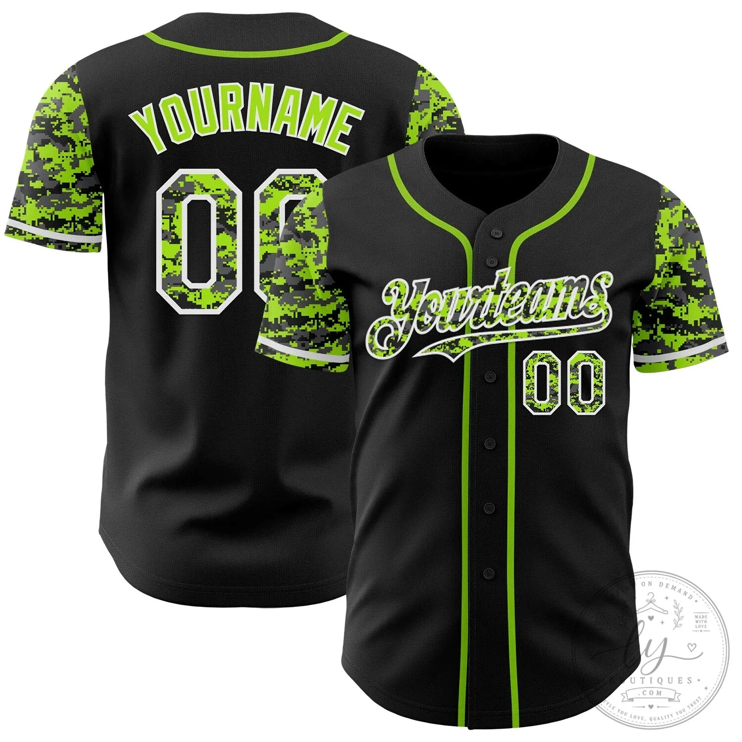 Custom Black Neon Green Digital Camouflage Two Tone Baseball Jersey 2 Custom Black Neon Green Digital Camouflage Two Tone Baseball Jersey