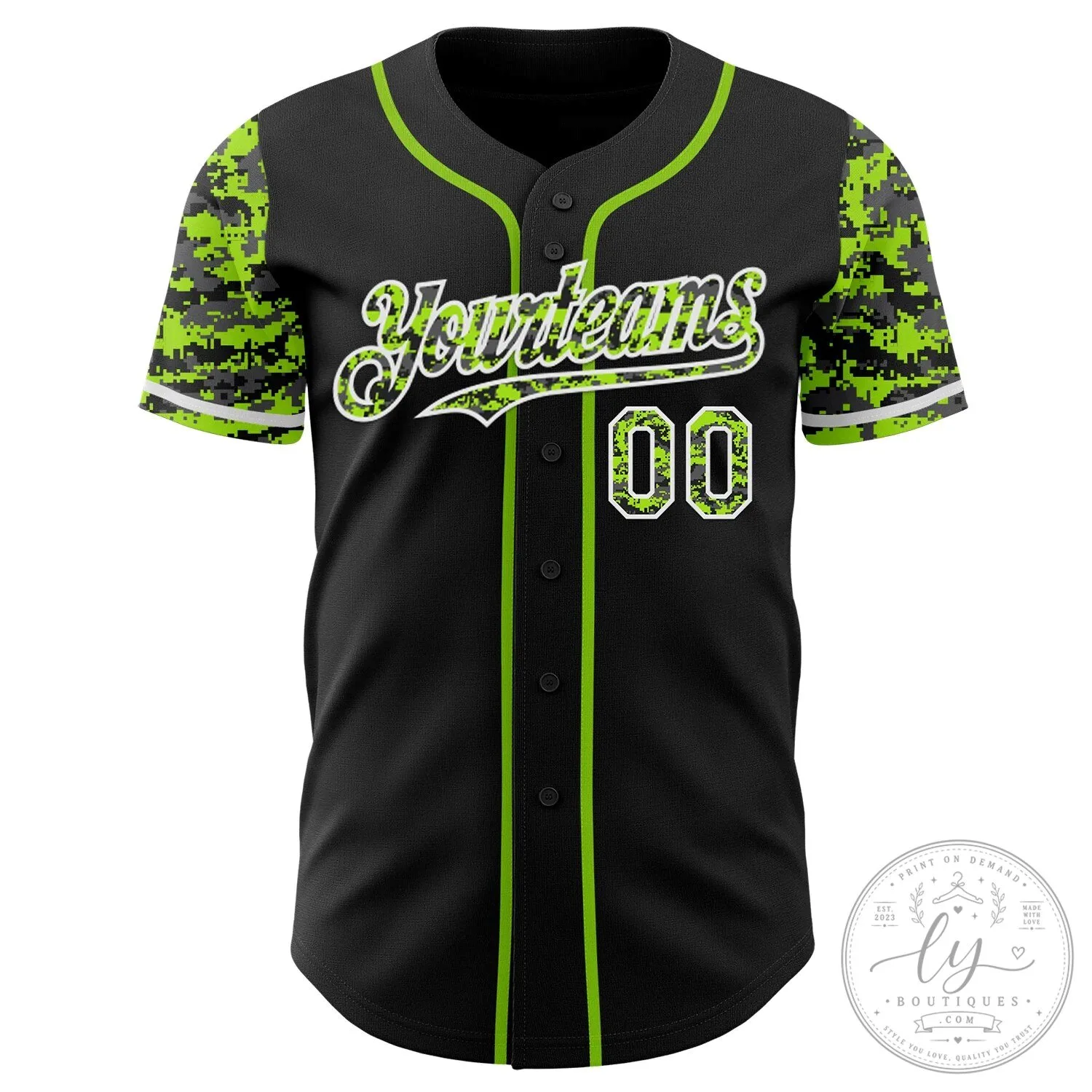 Custom Black Neon Green Digital Camouflage Two Tone Baseball Jersey 10 Custom Black Neon Green Digital Camouflage Two Tone Baseball Jersey