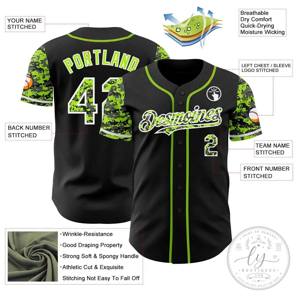 Custom Black Neon Green Digital Camouflage Two Tone Baseball Jersey 11 Custom Black Neon Green Digital Camouflage Two Tone Baseball Jersey