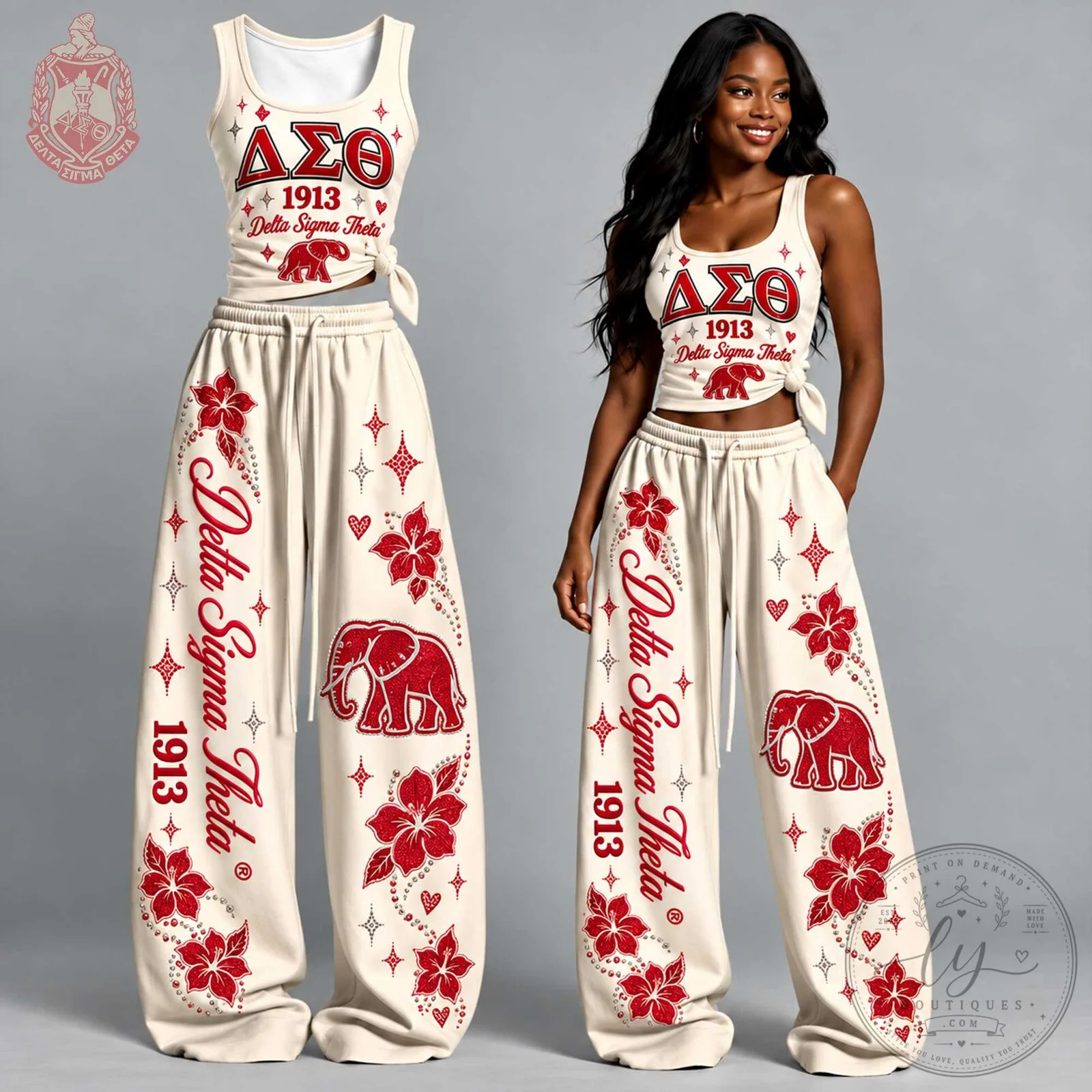 Delta Sigma Theta Sorority 1913 Elephant Red Floral Tank Top and Pants Set