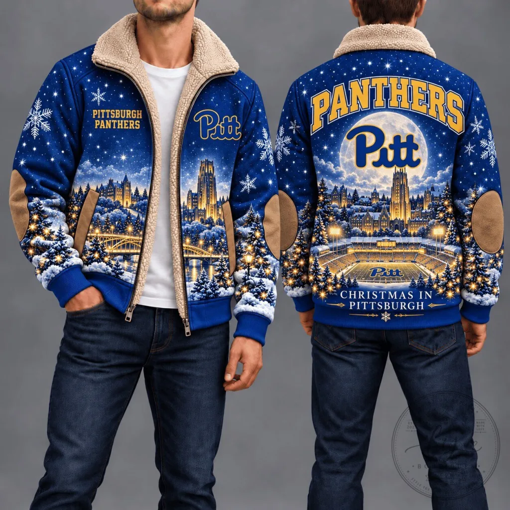Pittsburgh Panthers Christmas Winter Cityscape Sherpa Fleece Jacket Pittsburgh Panthers Christmas Winter Cityscape Sherpa Fleece Jacket