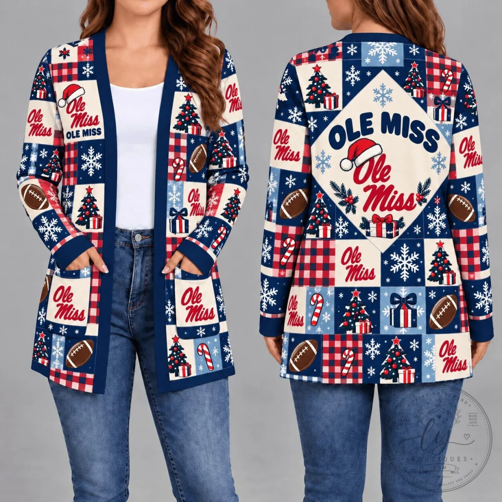Ole Miss Rebels Christmas Patchwork Pattern Long Sleeve Cardigan Sweater Ole Miss Rebels Christmas Patchwork Pattern Long Sleeve Cardigan Sweater