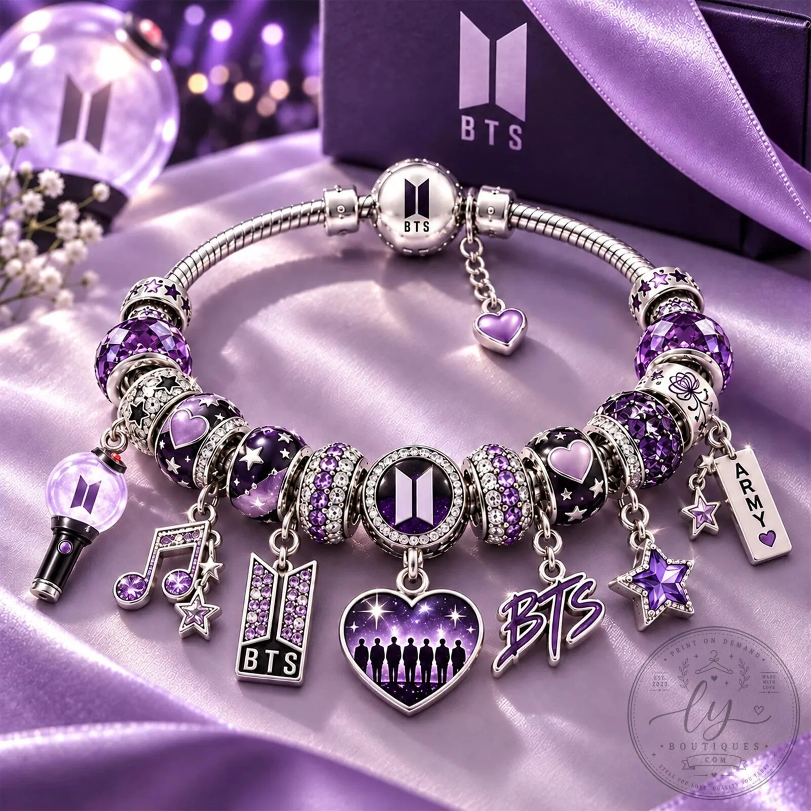 BTS K-Pop Band Purple Charm Bracelet with Dangling Charms and Beads