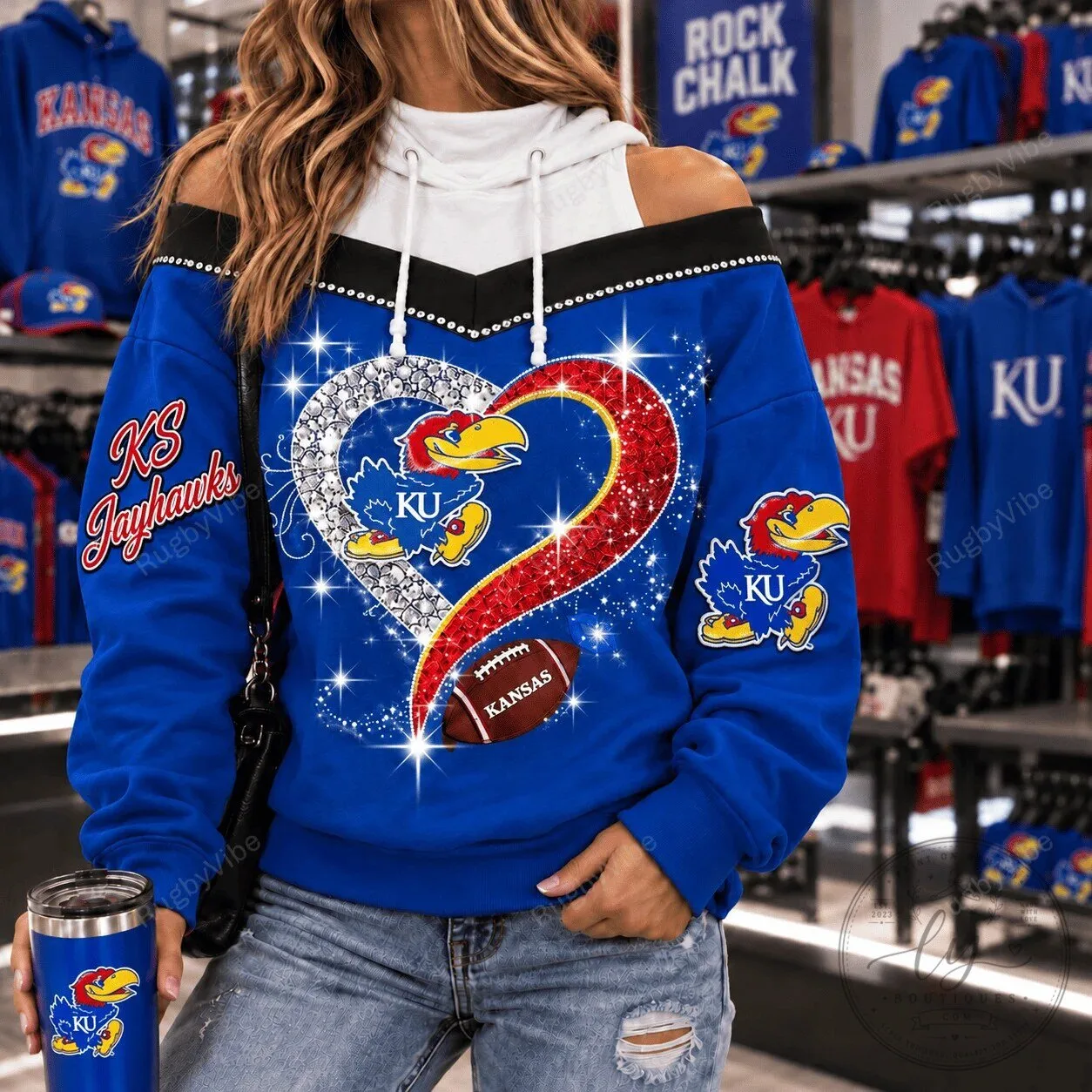 Kansas Jayhawks Football Glitter Heart Design Women's Hoodie