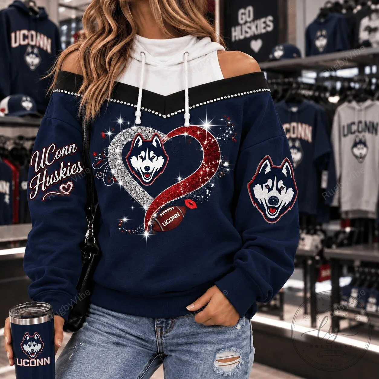 UConn Huskies Football Glitter Heart Off Shoulder Sweatshirt 5 UConn Huskies Football Glitter Heart Off Shoulder Sweatshirt