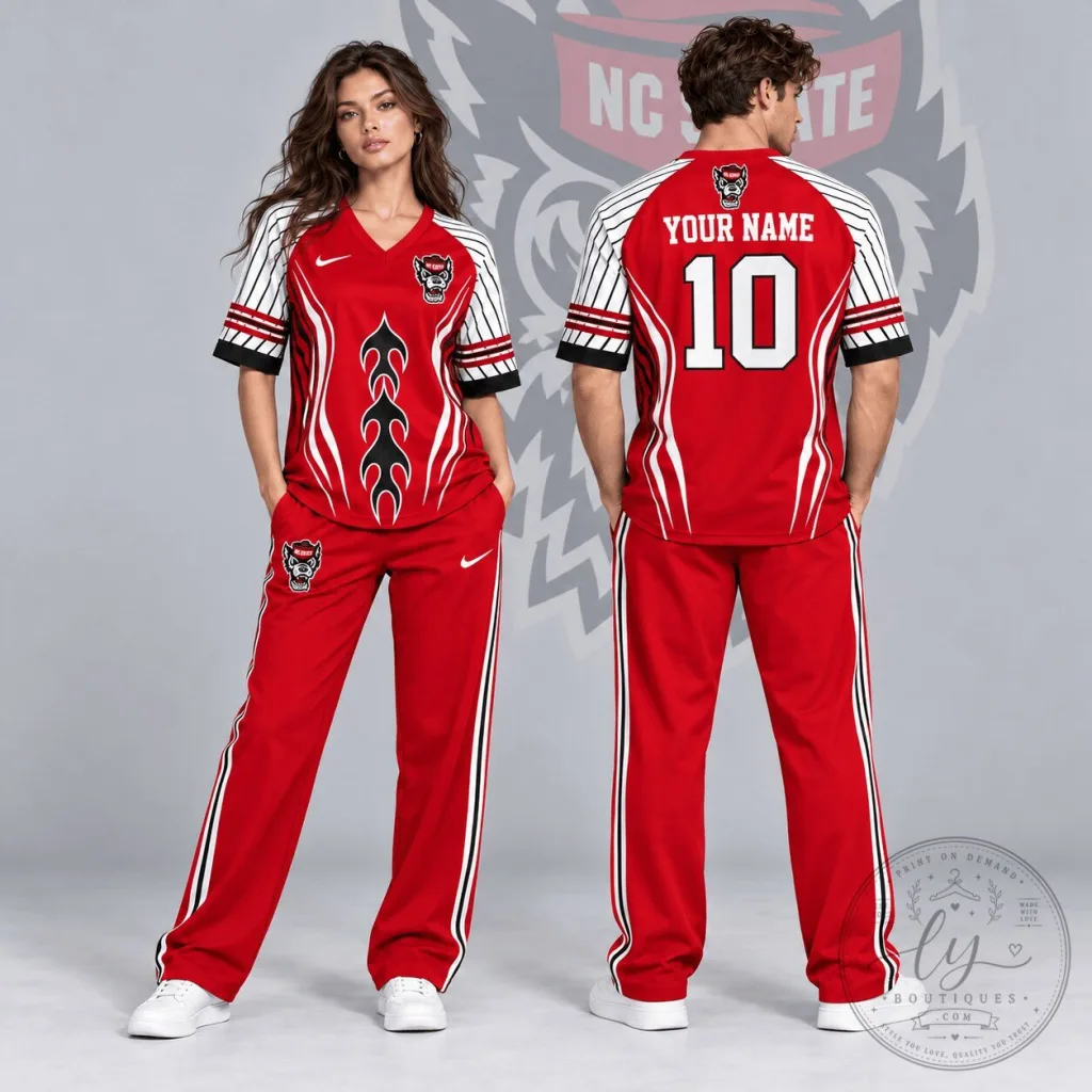 North Carolina State Wolfpack Flame Stripe Personalized V-Neck Baseball Jersey North Carolina State Wolfpack Flame Stripe Personalized V-Neck Baseball Jersey