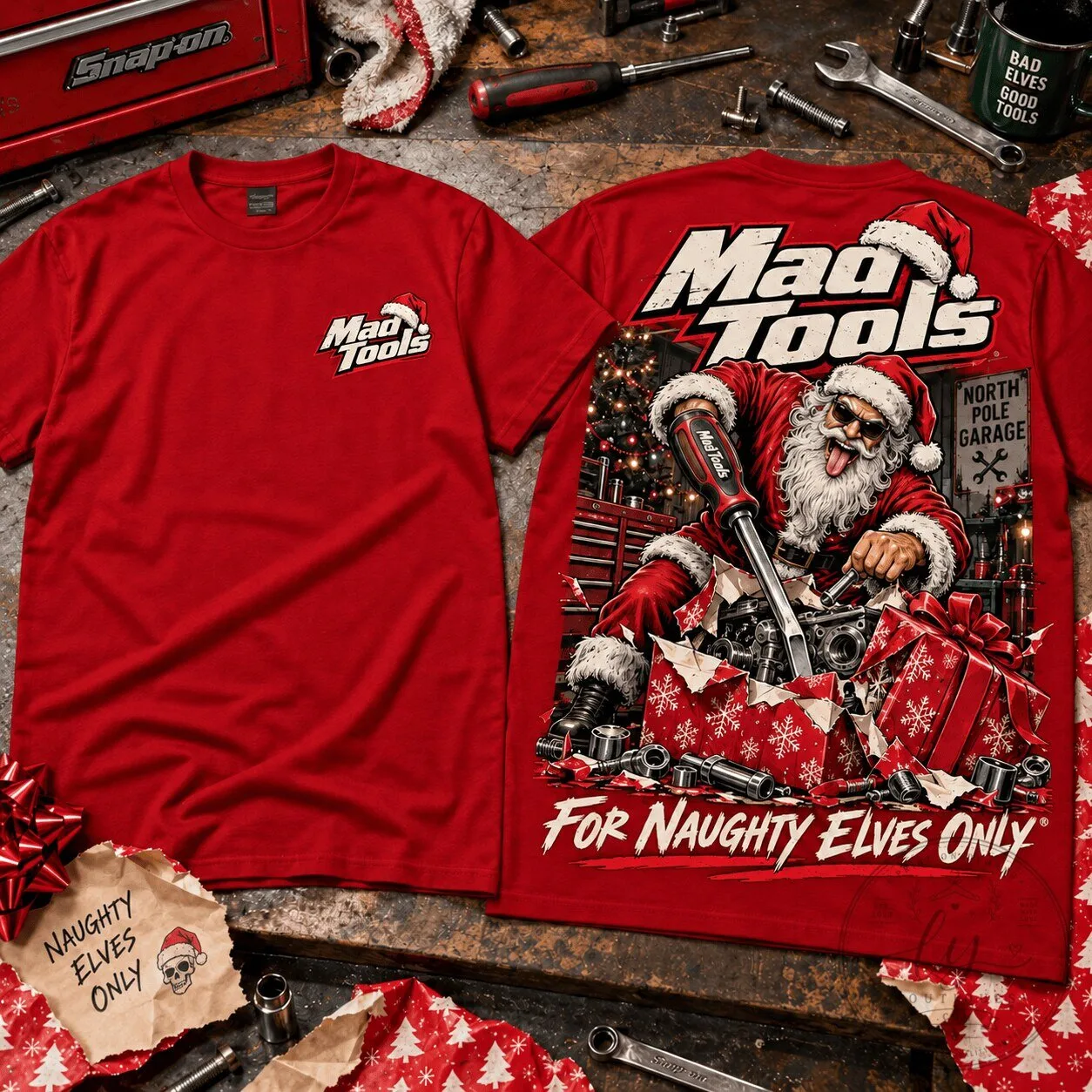 Mac Tools Naughty Elves Christmas Santa Claus Garage Mechanic T-Shirt