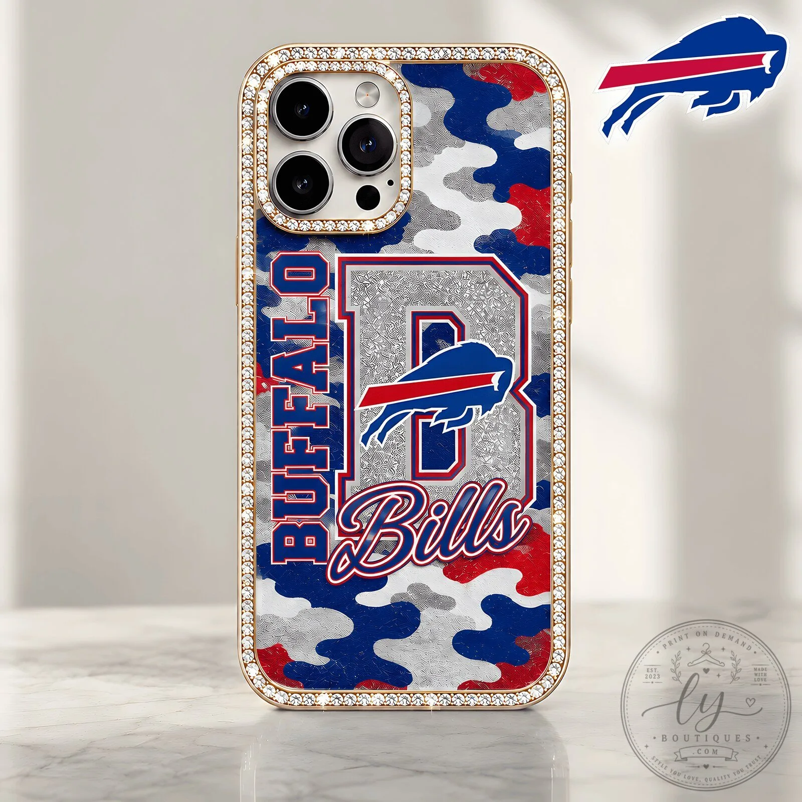 Buffalo Bills NFL Football Team Camouflage Bling Luxury Phone Case