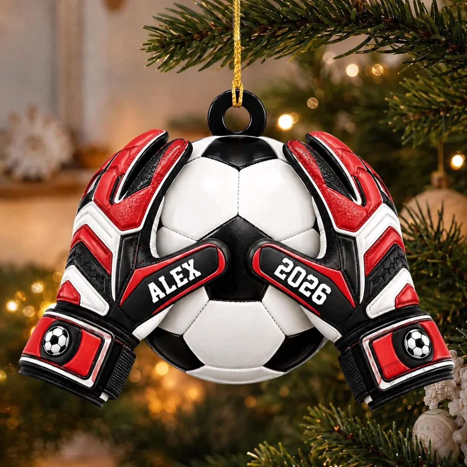Personalized Soccer Goalkeeper Gloves and Ball Christmas Tree Ornament