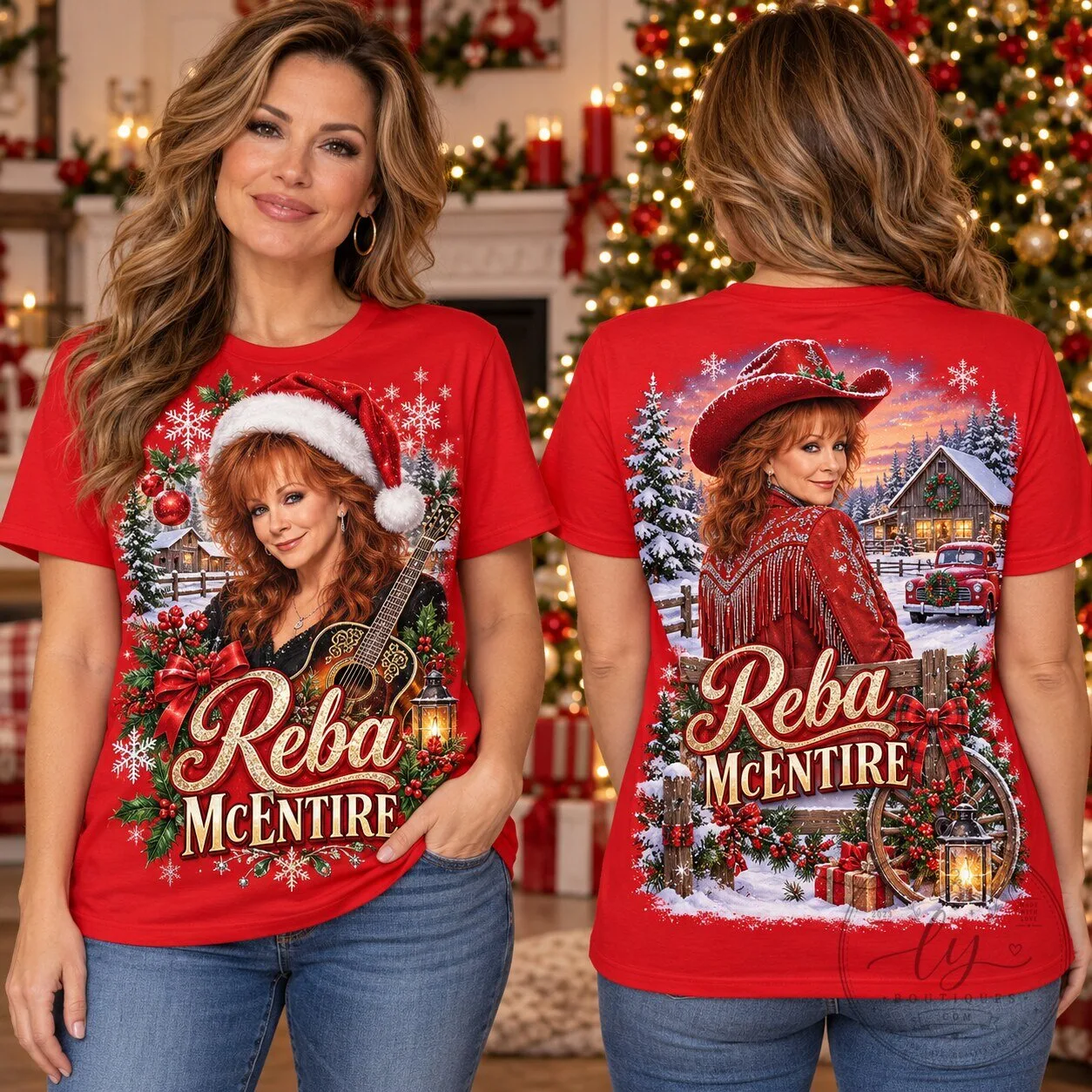 Reba McEntire Christmas Guitar Winter Holiday Graphic T-Shirt for Country Music Fans