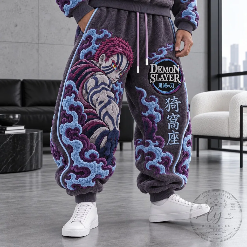 Demon Slayer Akaza Anime Character Graphic Print Plush Sweatpants Demon Slayer Akaza Anime Character Graphic Print Plush Sweatpants
