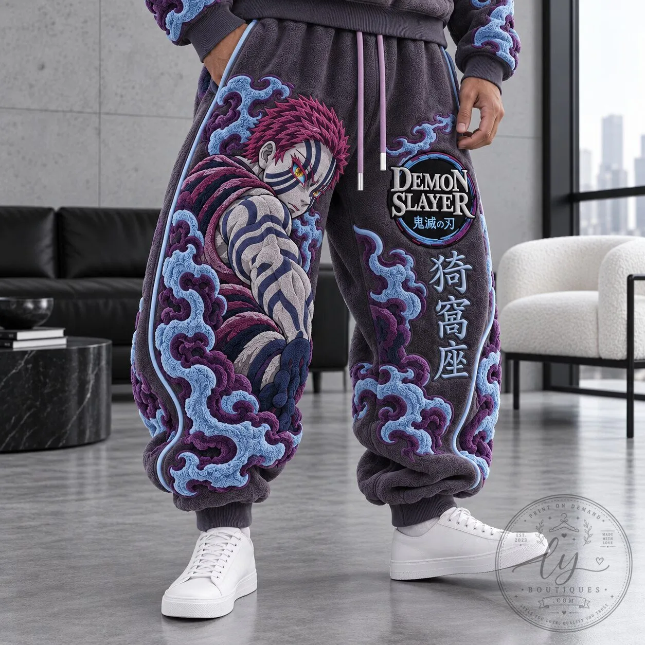 Demon Slayer Akaza Anime Character Graphic Print Plush Sweatpants