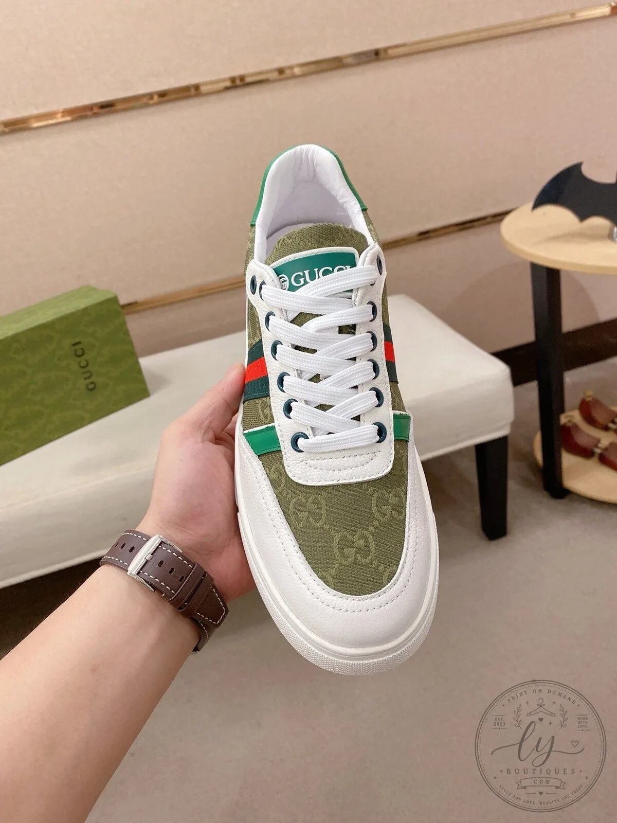 Gucci Green and White Canvas Low Top Sneaker Shoes
