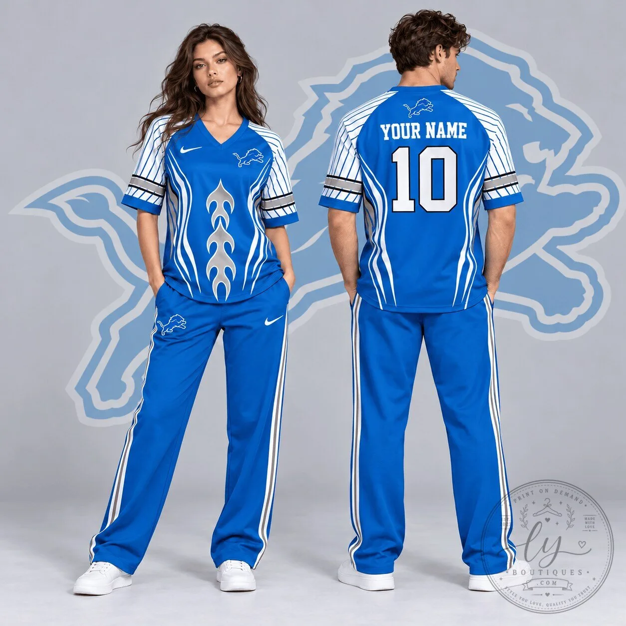 Detroit Lions NFL Custom Name Number Flame Graphic V-Neck Football Jersey
