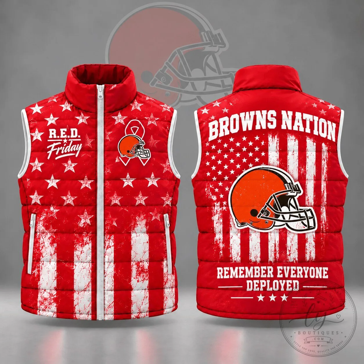 Cleveland Browns R.E.D. Friday Remember Everyone Deployed Stars and Stripes Puffer Vest 1 Cleveland Browns R.E.D. Friday Remember Everyone Deployed Stars and Stripes Puffer Vest