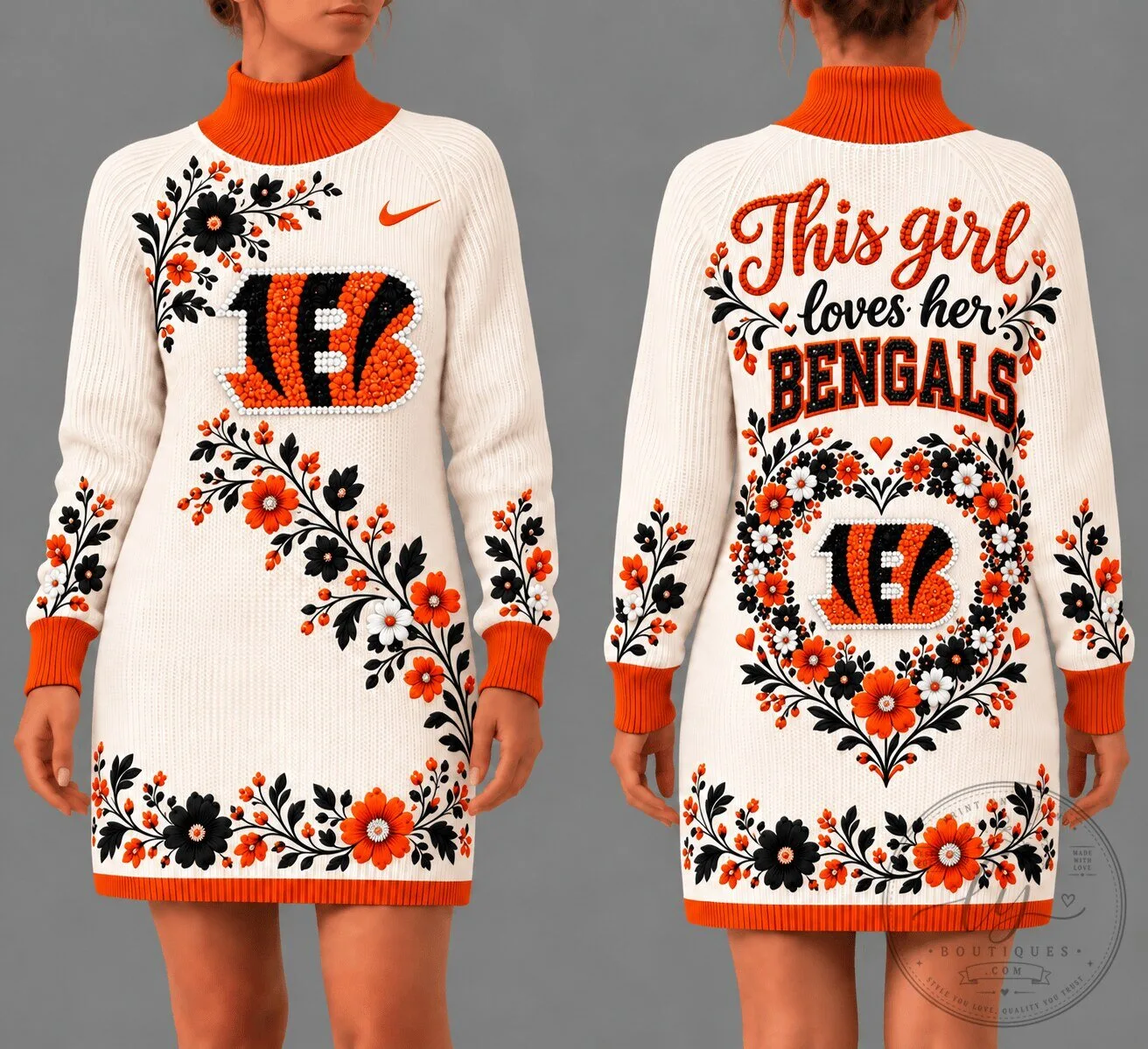 Cincinnati Bengals Floral Heart Sweater Dress