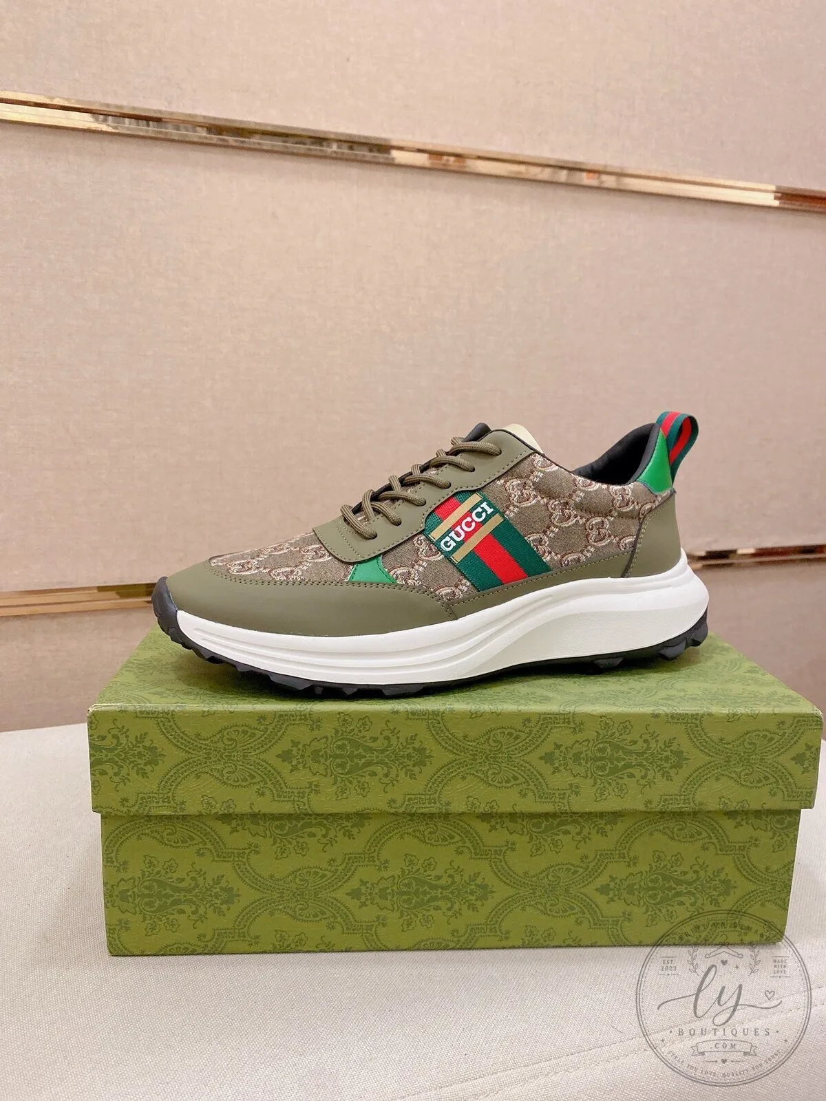Gucci Monogram Pattern Green Stripe Sneakers