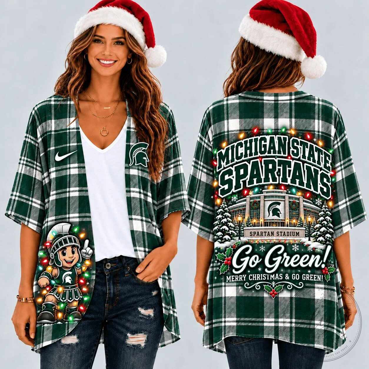 Michigan State Spartans Christmas Plaid Flannel Kimono Cardigan for Women