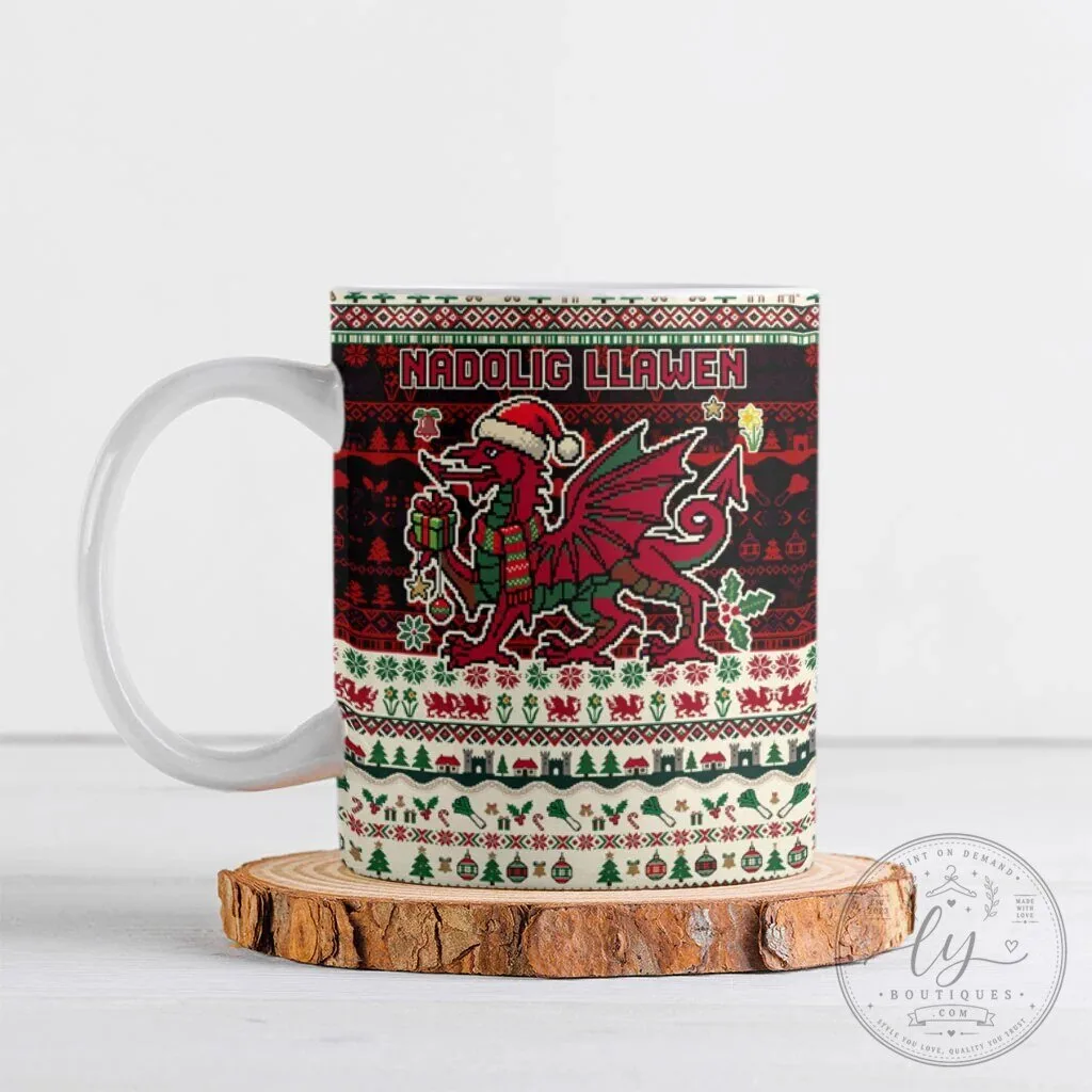 Wales Christmas Nadolig Llawen Welsh Dragon Ugly Sweater Pattern Ceramic Mug